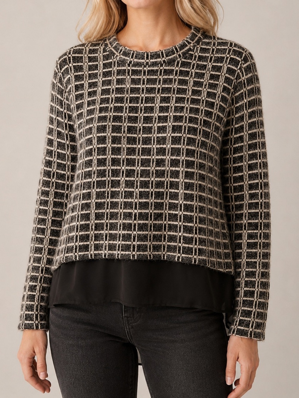 Made in Italy Femme Fatale Grid Knit Crewneck with Black Chiffon Hem Size Large